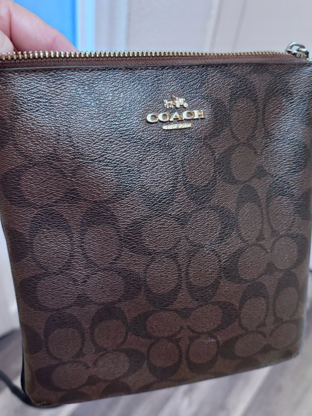 Coach Dark Brown Signature Messenger Bag with Gold Logo